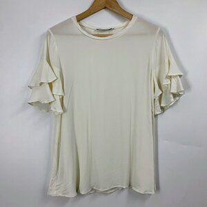 0039 Italy Women's Crepe Round Neck Ruffle Short Sleeve Shirt Size S